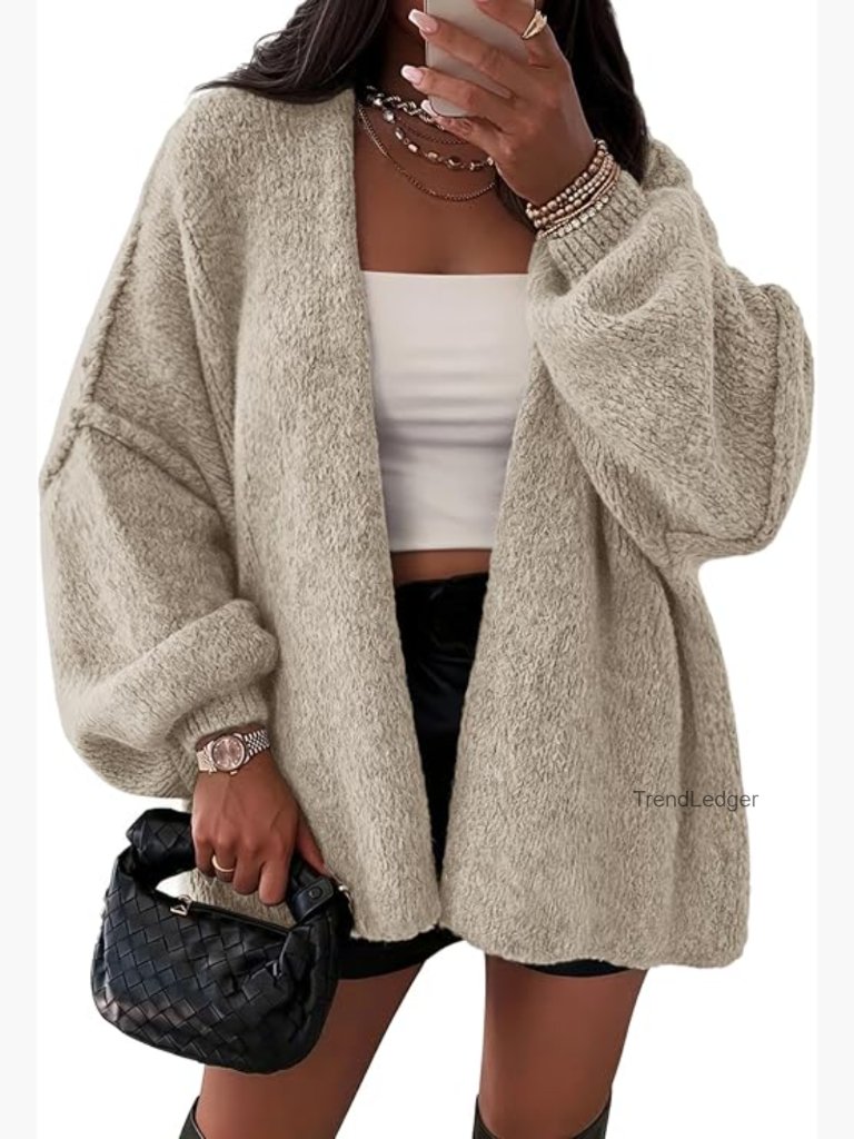 Oversized Cardigan Sweater - Lantern Sleeve Open Front Knit